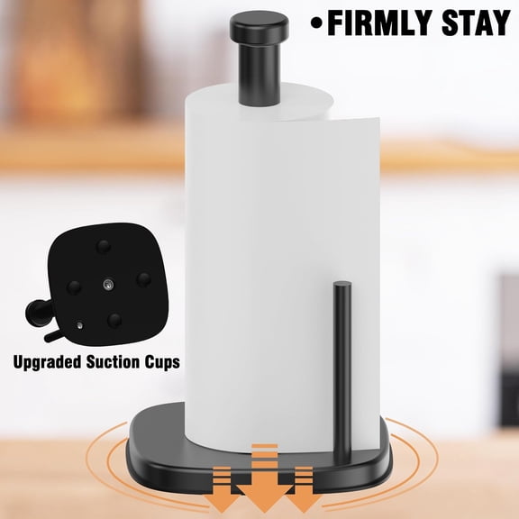 OTGFRF-Paper Towel Holder Countertop, Standing Paper Towel Roll Holder for Kitchen Bathroom Organize, Stand with Weighted Base Suction Cups, Stainless Steel One-Handed Operation (Matte Black)