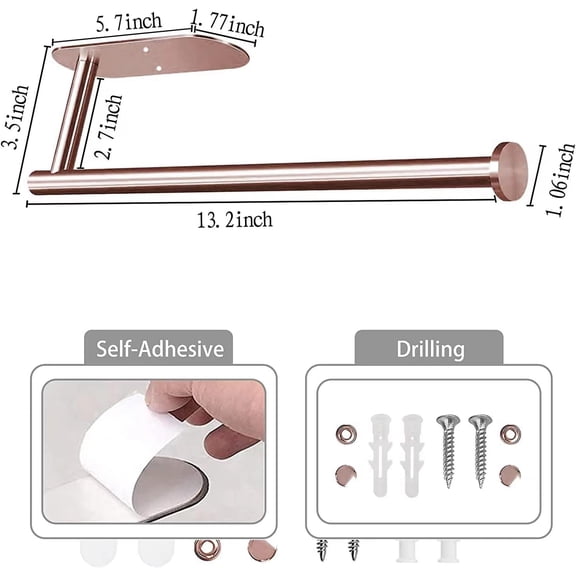 OTGFRF-Paper Towel Holder,Paper Towel Holder Under Cabinet Self Adhesive Kitchen Countertop Wall Mount Paper Towel Holders with Screws for Rough Surface,Vertically or Horizontally (Rose Gold)