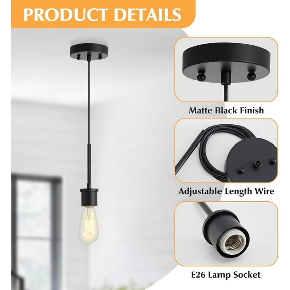 OTGFRF-Pendant Light Kit, E26 Lamp Socket Vintage DIY Pendant Light Cord, Semi Ceiling Hanging Light Fixtures, Adjustable Hanging Light Kit for Kitchen Island, Dining Room, Bedroom(Black)