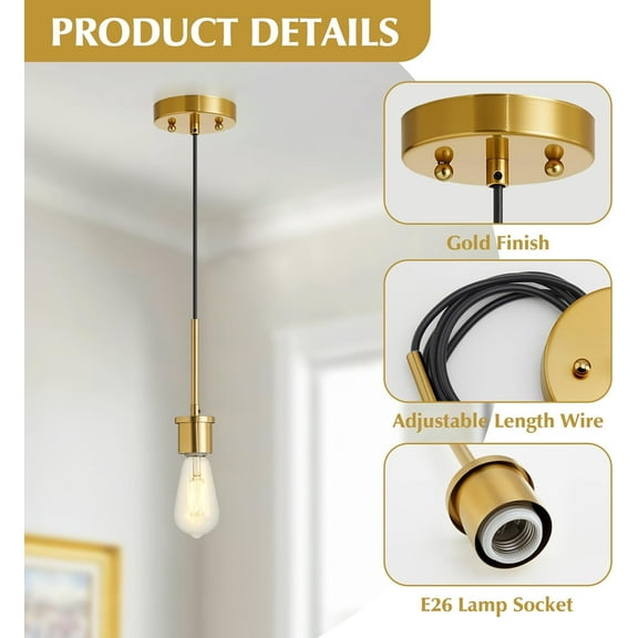 OTGFRF-Pendant Light Kit, E26 Lamp Socket Vintage DIY Pendant Light Cord, Semi Ceiling Hanging Light Fixtures, Adjustable Hanging Light Kit for Kitchen Island, Dining Room, Bedroom(Gold)
