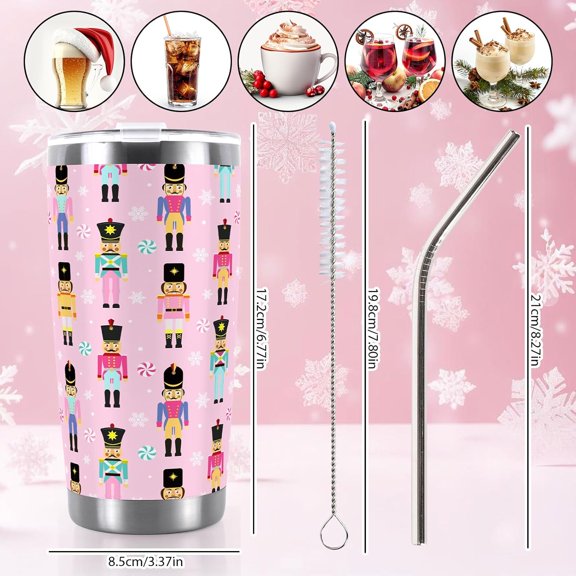 OTGFRF-Pink Christmas Nutcracker Tumbler Stainless Steel Travel Tumbler with Lid Straw and Brush Xmas Winter Coffee Mug Cup for Holiday Birthday Gift