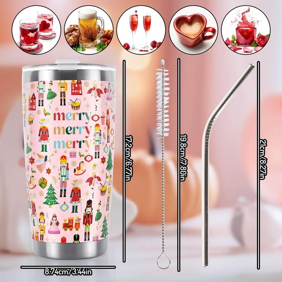 OTGFRF-Pink Christmas Tumbler Stainless Steel Nutcracker Travel Tumbler with Lid Straw Coffee Mug Cup for Women Friend Xmas Winter Holiday Birthday Party Gift
