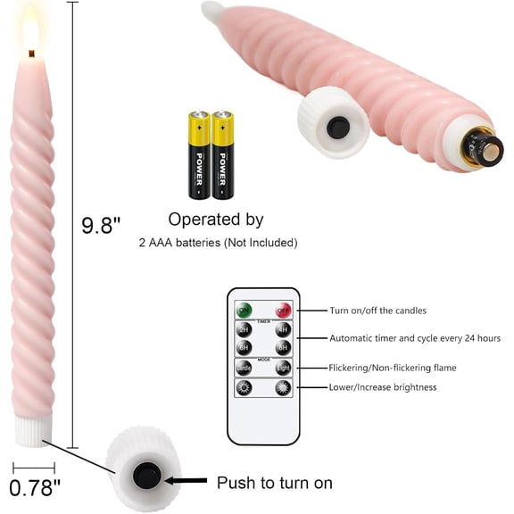 OTGFRF-Pink Flameless Taper Candles Pastel Flickering with Remote Timer, 3D Wick LED Spiral Wedding Candles Battery Operated 6 Pack Real Wax Home Birthday Spring Decor(0.78 X 9.8 Inchs)