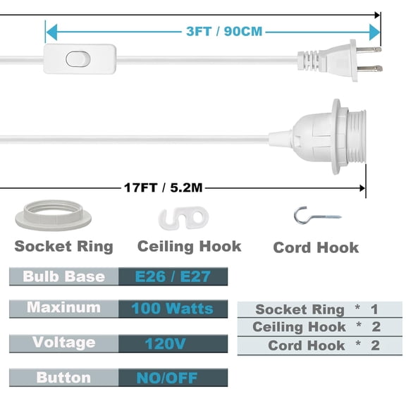 OTGFRF-Plug in Pendant Light Cord Kit - UL 20Ft Lamp Cord with On/Off Switch and Bulb Socket E26 E27, White Extension Electric Wire for DIY Hanging Lanterns, 1 Pack