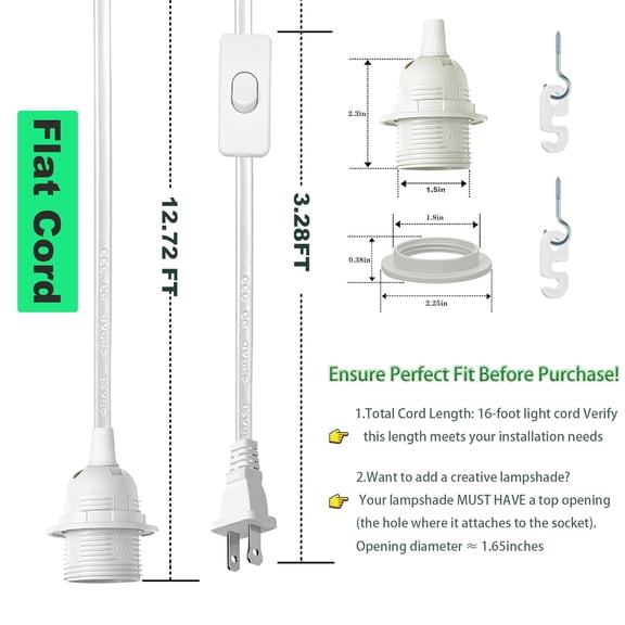 OTGFRF-Plug in Pendant Light Cord Kit - 16Ft Light Bulb Socket with Cord E26/E27 Hanging Lantern Lamp Cable with Switch,Socket Rings, 4 Pack, White