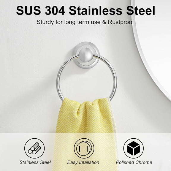 OTGFRF-Polished Chrome Bathroom Hand Towel Ring Towel Holder, Rustproof Wall Mounted Bathroom Hardware Accessory SUS 304 Stainless Steel Towel Rack