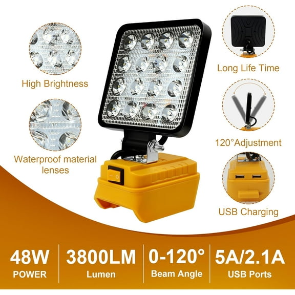OTGFRF-Portable Cordless LED Work Light for Dewalt 20v Battery, 48W 3800Lumens Flood Lights Outdoor, with Two USB Charging Ports for Workshop, Emergency, Garage, Fishing, Camping, Under Hook Work Lig