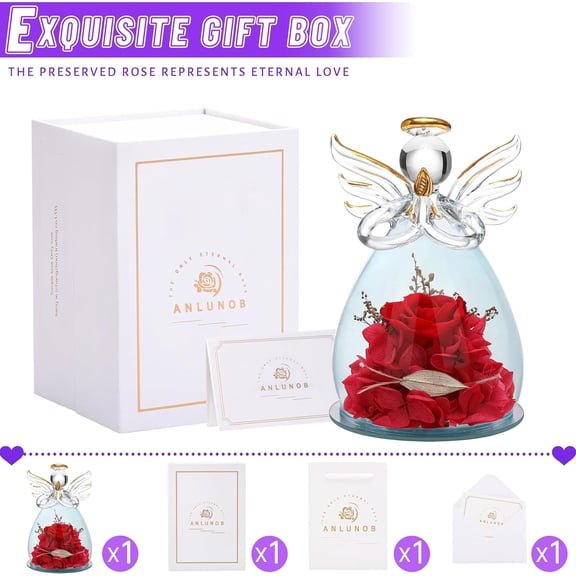 OTGFRF-Preserved Rose Birthday Gifts for Women Mom Grandma Wife, Glass Angel Figurines Gifts with Pretty Red Flowers for Anniversary Wedding
