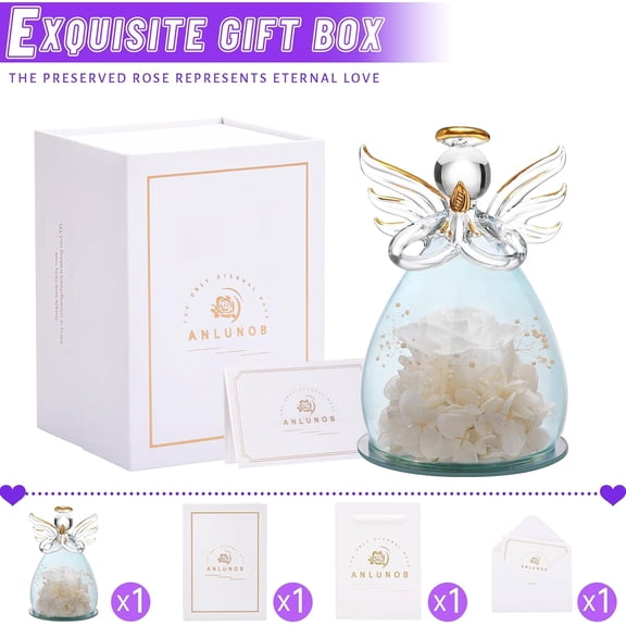 OTGFRF-Preserved Rose Birthday Gifts for Women Mom Grandma Wife, Glass Angel Figurines Gifts with Pretty White Flowers for Anniversary Wedding