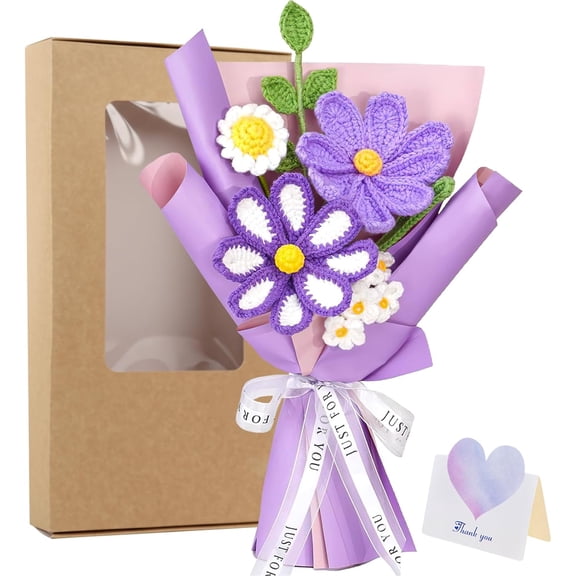 OTGFRF-Purple Crochet Flower Bouquet - Handmade Knitted Flower Bouquet for Friend Lover Mom Birthday Party Gift, Crochet Daisy Flowers with Card for Wedding Anniversay Home Decor