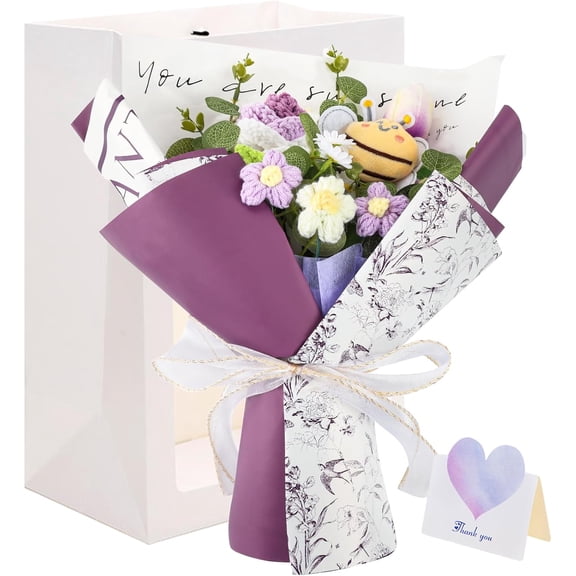 OTGFRF-Purple Crochet Flower Bouquet - Handmade Knitted Flowers of Rose with Bee for Wife Friend Lover Birthday Gift, Crochet Daisy Flower Bouquet with Eucalyptus for Wedding Home Decor