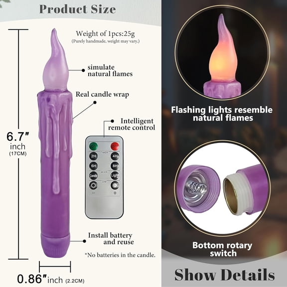 OTGFRF-Purple Flameless Short Taper Candles, Real Wax Hand Dipped LED Battery Operated with Remote, Flickering Flame Lights for Festival Party Home Dcor, 6.7 Inch Primitive Flameless Candles, 4PCS