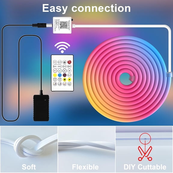 OTGFRF-RGB Neon LED Rope Lights, Waterproof Bluetooth APP Remote Control Music Sync Strip Lights, 24V Flexible DIY Silicone Light for Bedroom Home Indoor Outdoor Decor (15M/50Ft)
