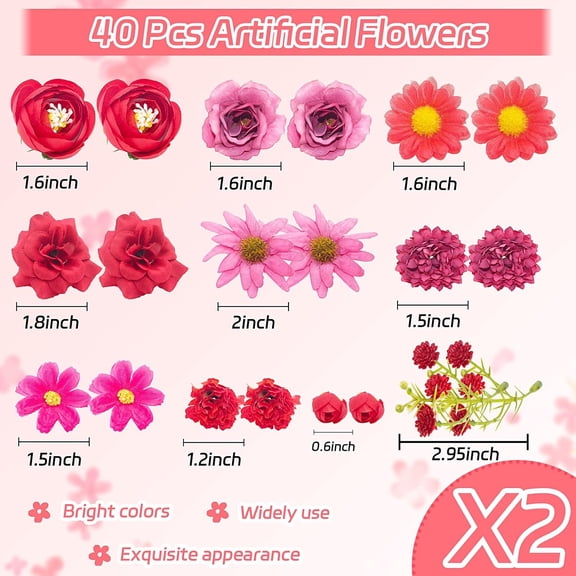 OTGFRF-Red Artificial Flowers Heads for Decoration, 40 Pcs Faux Daisy Baby's Breath Fake Rose Small Flowers, Faux Flowers Head Fabric Flower for Crafts, Birthday, Hair Cap Dress Decoration