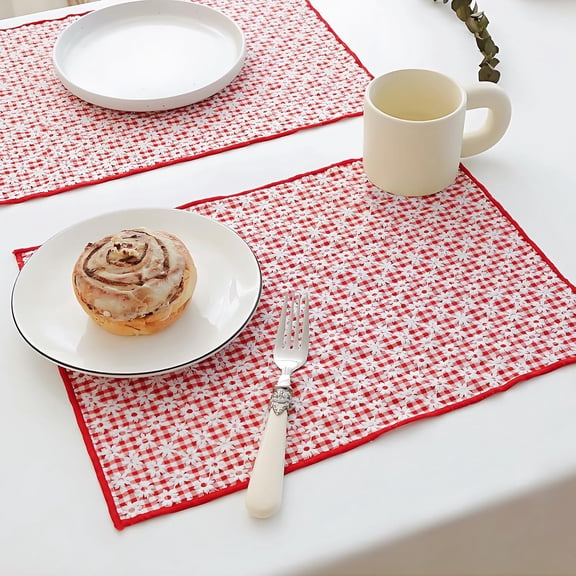 OTGFRF-Red Floral Checkered Placemats Set of 4 - 12x15 Inch Woven Cotton Gingham Square Table Mats, Fabric Rustic Farmhouse Christmas Decor for Kitchen Dining