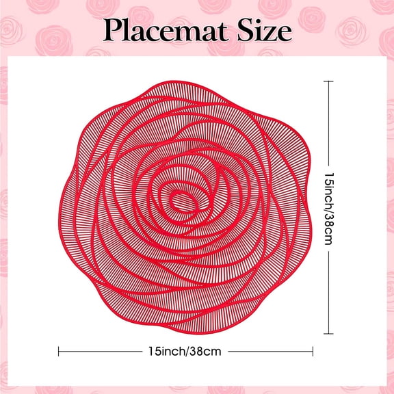 OTGFRF-Red Placemats Set of 6 Rose Flower Pressed Vinyl Christmas Place Mats Elegant Tablemats Kitchen Table Setting for Wedding Valentine's Day Holiday Dining Table Decorative