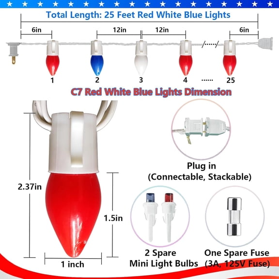 OTGFRF-Red White and Blue String Lights 25Ft C7 LED 4th of July Light with 25 Shatterproof Patriotic Lights Plug in Christmas Light for Home Indoor Outdoor Presidents Day Memorial Day Fourth of July
