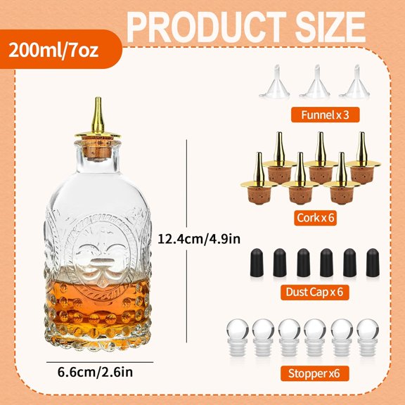OTGFRF-Relief Bitter Bottle 6pcs 7oz/200ml, With Gold Plated Cork Dasher Top For Cocktail (6, Relief Gold)
