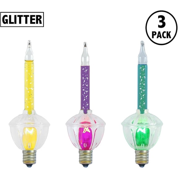 OTGFRF-Replacement Glitter Bubble Lights 3 Pack, Yellow/Purple/Green Liquid and Bulbs with Clear Bases, Vintage Glass Holiday Bulbs with Flowing Glittery Liquid, 5 Watts Each, C7/E12 Base