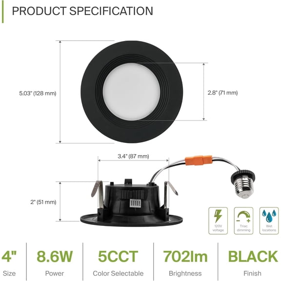 OTGFRF-Retrofit LED Recessed Lighting 4 Inch | 9W 700 Lm Wet Rated Dimmable Ceiling Downlights | 2700K-5000K Adjustable CRI90 Black Room Recessed Light Fixtures | LED Can Lights