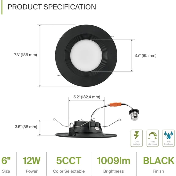 OTGFRF-Retrofit LED Recessed Lighting 6 Inch | Black 12W 1009 Lm Wet Rated Dimmable Ceiling Downlights | 2700K-5000K Adjustable CRI90 Room Recessed Light Fixtures | LED Can Lights, UL Listed