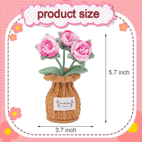 OTGFRF-Rose Crochet Flower Plant, Small Cute Handmade Knitted Flowers with Vase, Small Crochet Potted Artificial Flower Plants for Desk Home Car Dashboard Office Decorations (Rose-Pink)