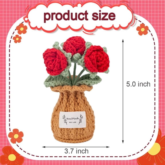 OTGFRF-Rose Crochet Flower Plant, Small Cute Handmade Knitted Flowers with Vase, Small Crochet Potted Artificial Flower Plants for Desk Home Car Dashboard Office Decorations (Rose-Red)