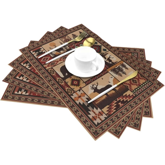 OTGFRF-Rustic Brown Wildlife and Tribal Pattern Linen Placemats Set of 4, Heat Resistant Cute Bear Deer Table Mats for Dining Table Kitchen Party Cabin, Vintage Home Decor & Gifts for Outdoor Nature