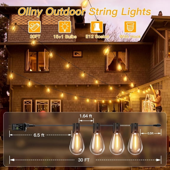 OTGFRF-S11 Outdoor String Lights with Remote, 30 FT 3 Modes Dimmable Timers Waterproof Connectable Patio Lights, 15+1 LED Spare Bulb Dusk to Dawn Hanging Light for Indoor Porch Balcony Cafe