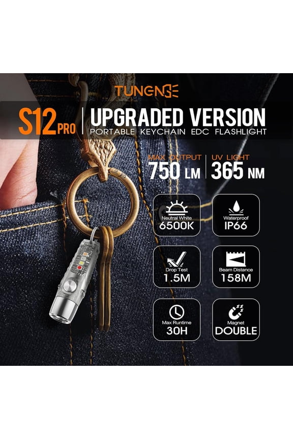 -S12Pro Keychain Flashlight Rechargeable,750 High Lumen EDC Mini Flashlight with Clip,Multifunction COB Light with 365nmUV-11 Lighting Modes, Tail Magnet, Flash Light