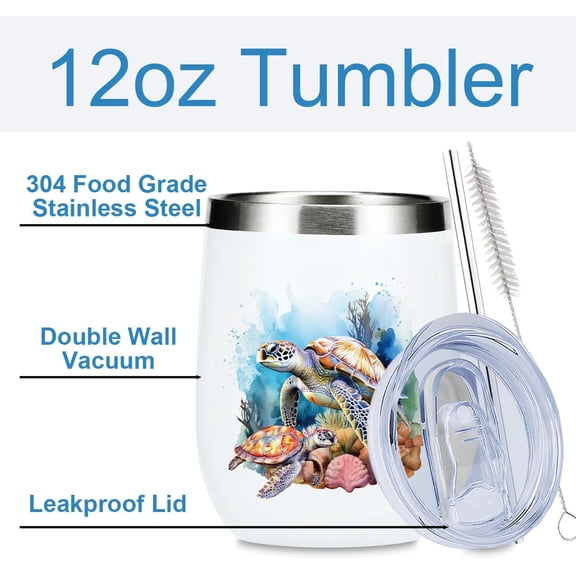 OTGFRF-Sea Turtle Gifts for Women Men Sea Turtle Decor Stuff Wine Tumbler Insulated Wine Glasses 12 oz Tumbler with Lid for Women Men Turtles Lovers Female Girl Mom Coworker Birthday Christmas Friend