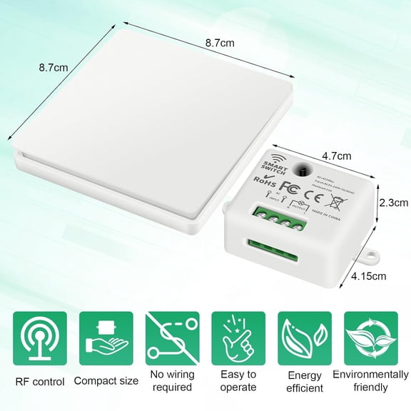 OTGFRF-Self-Powered Wireless Remote Switch Kit, 10A AC85-240V No Rewiring 100FT Range RF433 Remote Control Switches for in-/Outdoor Lights (RF Switch and Receiver)