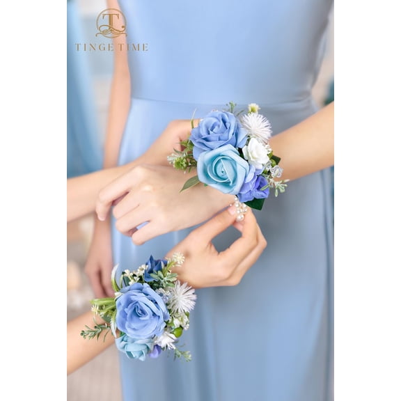 OTGFRF-Set of 2 Wrist Corsage Bracelets Pearl Wristlet Band Bridesmaid Bracelet for Wedding Ceremony Bridal Shower Wedding Artificial Flower Prom (Provence Blue)