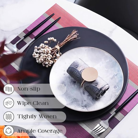 OTGFRF-Set of 6 Colorful Striped Vinyl Placemats Heat-Resistant Washable Placemats Non-Slip Woven Table Mats Wipeable Placemat for Kitchen Dining Table Decoration Indoor Outdoor (Violet Purple)
