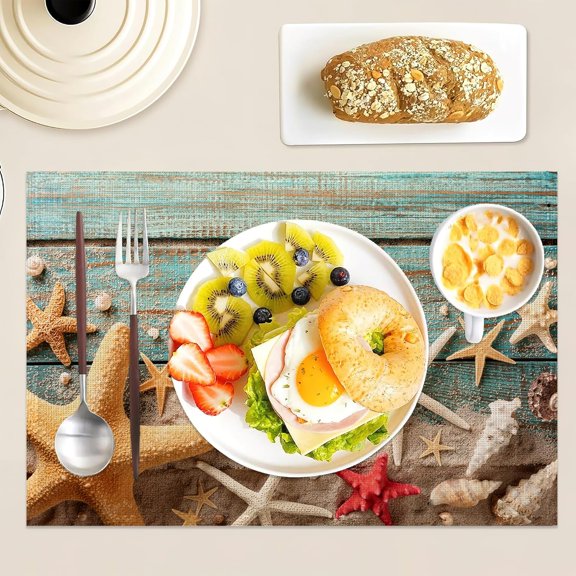 OTGFRF-Set of 6 Washable Beach Seashell Starfish Placemats Non-Slip Heat-Resistant 12x18 Inch Thick Decorative Blue Wooden Linen Table Mats for Dining Table Home Dcor