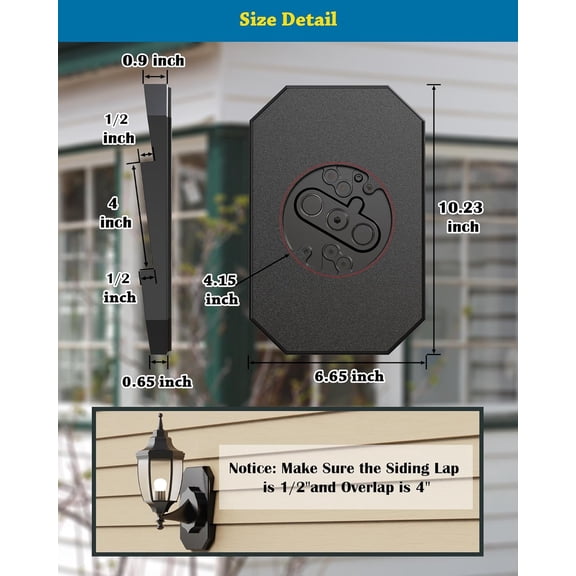 OTGFRF-Siding Light Mounting Block, 8141DBL Black Outdoor Mounting Plate kit with Built-in Electrical Box, Vinyl Siding Block for 1/2 inch Double, 1 Pack