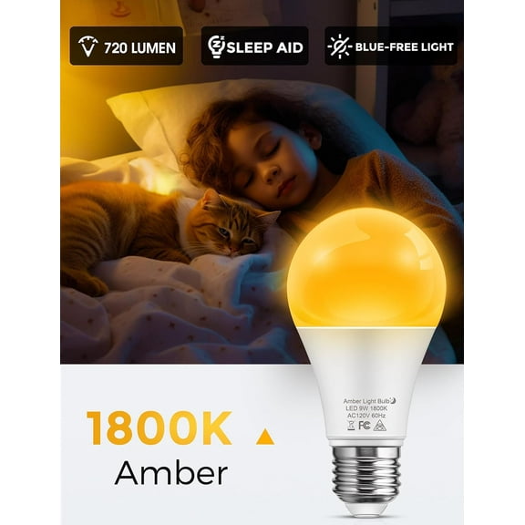 OTGFRF-Sleep aid Amber Light Bulbs, Blue Light Blocking, A19 9W(60 Watt Equivalent) Dim Light Bulbs, 1800K Warm Light Bulb, E26 Base, 2 Pack