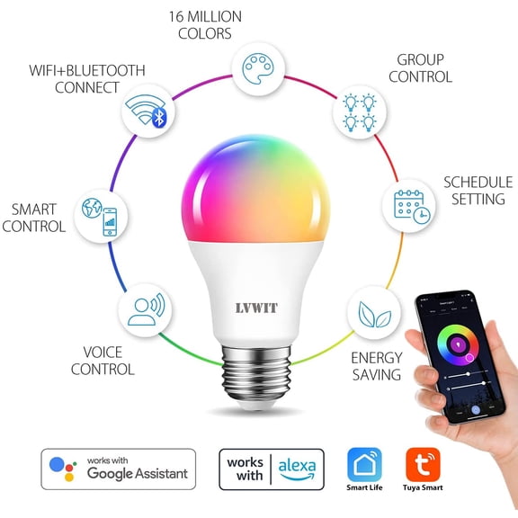 OTGFRF-Smart Light Bulb 2 Pack, A19 Smart LED, Work with Alexa, Smart Life App, Tuya App, 8.5W (60W Replacement), 2700K-6500K, E26 RGB Color Changing Bulb, No Hub Required