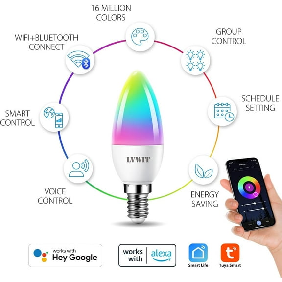 OTGFRF-Smart Light Bulb, WiFi Chandelier LED Bulb, E12 Base, 4.9W, 470Lm, 4Pk, Color Changing, Dimmable, Compatible with Alexa, Google Home, No Hub Required, B11, Warm White, 50000hrs Life