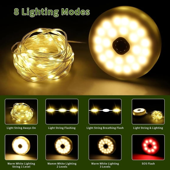 OTGFRF-Solar Camping String Lights Outdoor: Rechargeable Hanging Led Light Waterproof for Patio Outside - 32.8ft Portable Fairy Lighting Decorations for Yard Tent Camp Hiking Camper Indoor Livingroom