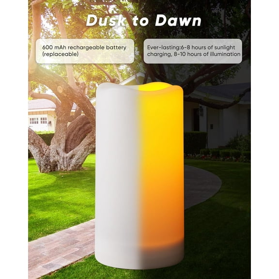 OTGFRF-Solar Candles Outdoor Waterproof, 3"x6" Rechargeable Solar Powered Lights, Flameless Flickering Dusk to Dawn Sensor Outdoor Pillar Candles for Halloween, Lanterns, Garden, Patio, Porch