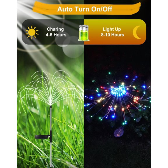 OTGFRF-Solar Firework Lights Outdoor Waterproof 2Pcs 150 LED with 8 Modes DIY Stake Landscape Light for Outside Garden Yard Pathway Party Decor Christmas Decoration Solar Starburst Lights Multicolor