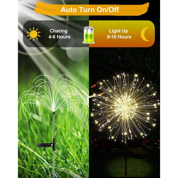 OTGFRF-Solar Firework Lights Outdoor Waterproof 2Pcs 200 LED with 8 Modes DIY Stake Landscape Light for Outside Garden Yard Pathway Party Decor Christmas Decoration Solar Starburst Lights Warm White
