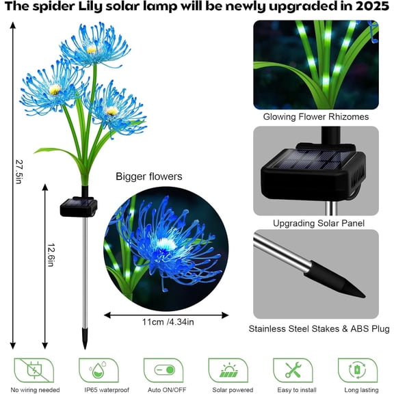 OTGFRF-Solar Garden Flower Lights Outdoor,4 Pack 12-Head Blue Spider Lily Waterproof with Glowing Stems,Elegant Yard,Patio & Law Decor,Ideal Halloween & Gardening Gifts for Women,Mothers & Grandma