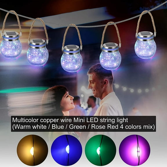 OTGFRF-Solar Hanging Lanterns Outdoor Waterproof, Table Lamps Decorative Cracked Glass Jar 30 LED Lights for Garden Tree Court Yard Patio Pathway Christmas Day Holiday Party Decoration (1, Colors Lig