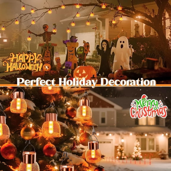 OTGFRF-Solar Hanging Lights Outdoor: 4 Metal Mesh Flame Lanterns with Clip - Waterproof LED Warm Lighting for Tree Yard Garden Xmas DIY Decor - Christmas Gifts for Homeowners Camper