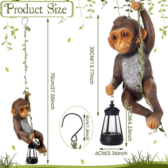 OTGFRF-Solar Light Outdoor Monkey Statues Brown 13.78 Inch Resin Chimpanzee Baby Monkey Climbing on Vine with LED Lantern Waterproof Hanging Figurine with Hook for Yard Garden Wall