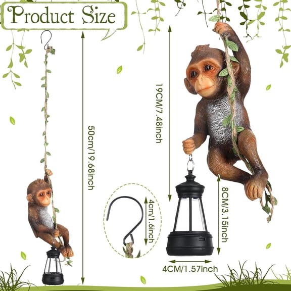 OTGFRF-Solar Light Outdoor Monkey Statues Brown 7.48 Inch Resin Chimpanzee Baby Monkey Climbing on Vine with LED Lantern Waterproof Hanging Figurine with Hook for Yard Garden Wall
