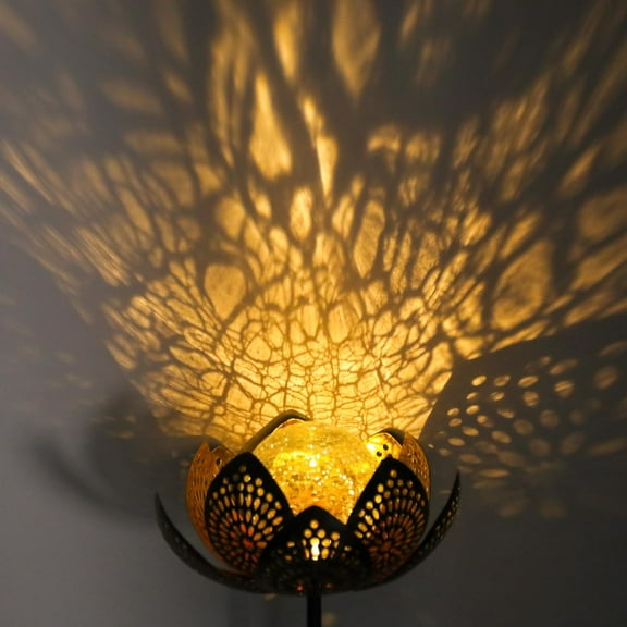 OTGFRF-Solar Lights Outdoor, Garden Lotus Stake Lights Waterproof Decorative Pathway Light Metal Crackle Glass Solar Light Landscape for Garden,Patio,Lawn,Walkway,Tabletop,Pathway,Yard Decor, Golden