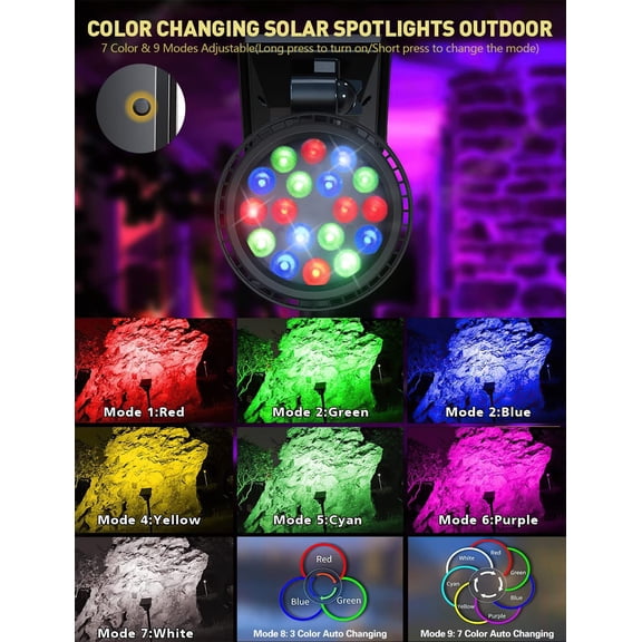 OTGFRF-Solar Outdoor Lights, 9 Modes Color Changing 18 LED Halloween Solar Spot Lights Outdoor Waterproof Spotlight Landscape Light Solar Powered for Garden Yard Tree Flag Patio Christmas(2 Pack)